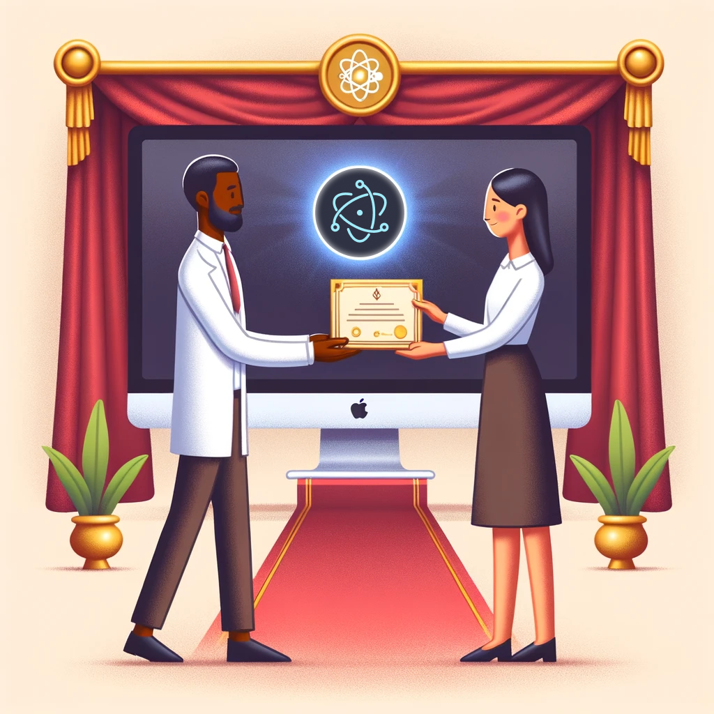 illustration showing a certificate being handed over from an individual to an organization, with the Electron logo and a macOS computer in the background.
