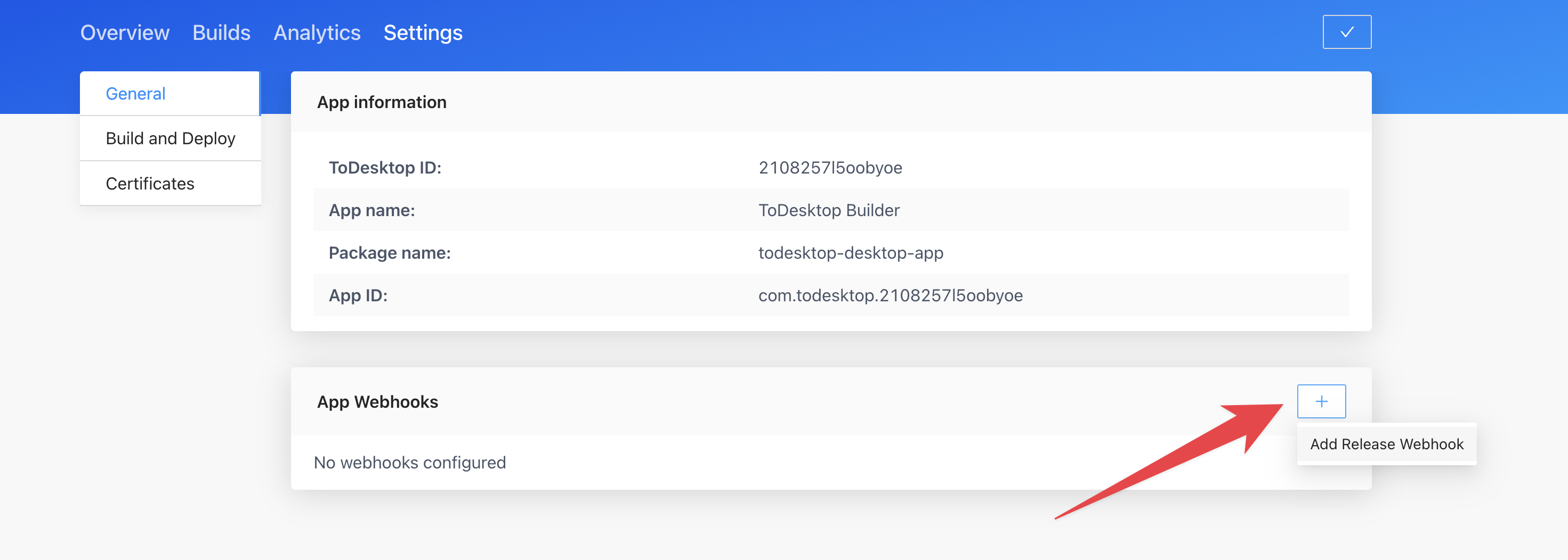 Screenshot showing the App Webhooks section with the Add Release Webhook option
