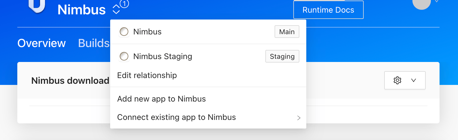 Screenshot of the environments dropdown in the ToDesktop app