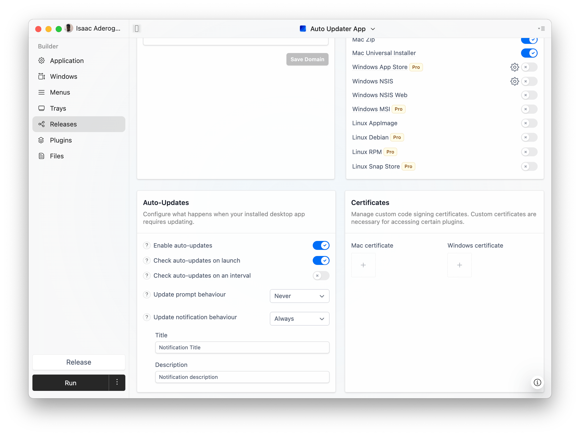 ToDesktop Builder interface which showcases auto-update configuration options