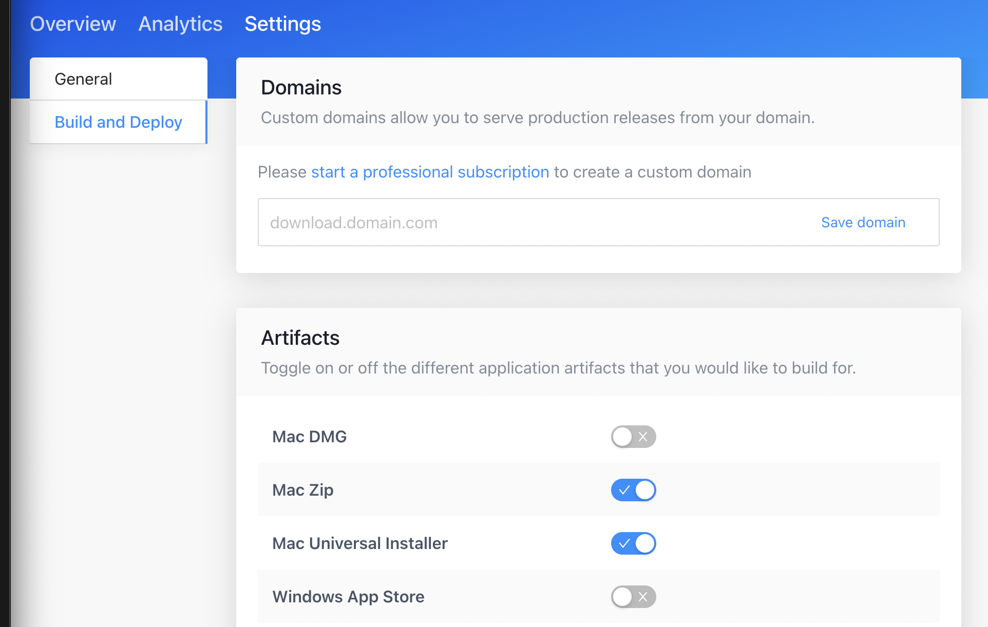 Toggle artifacts using the build and deploys interface