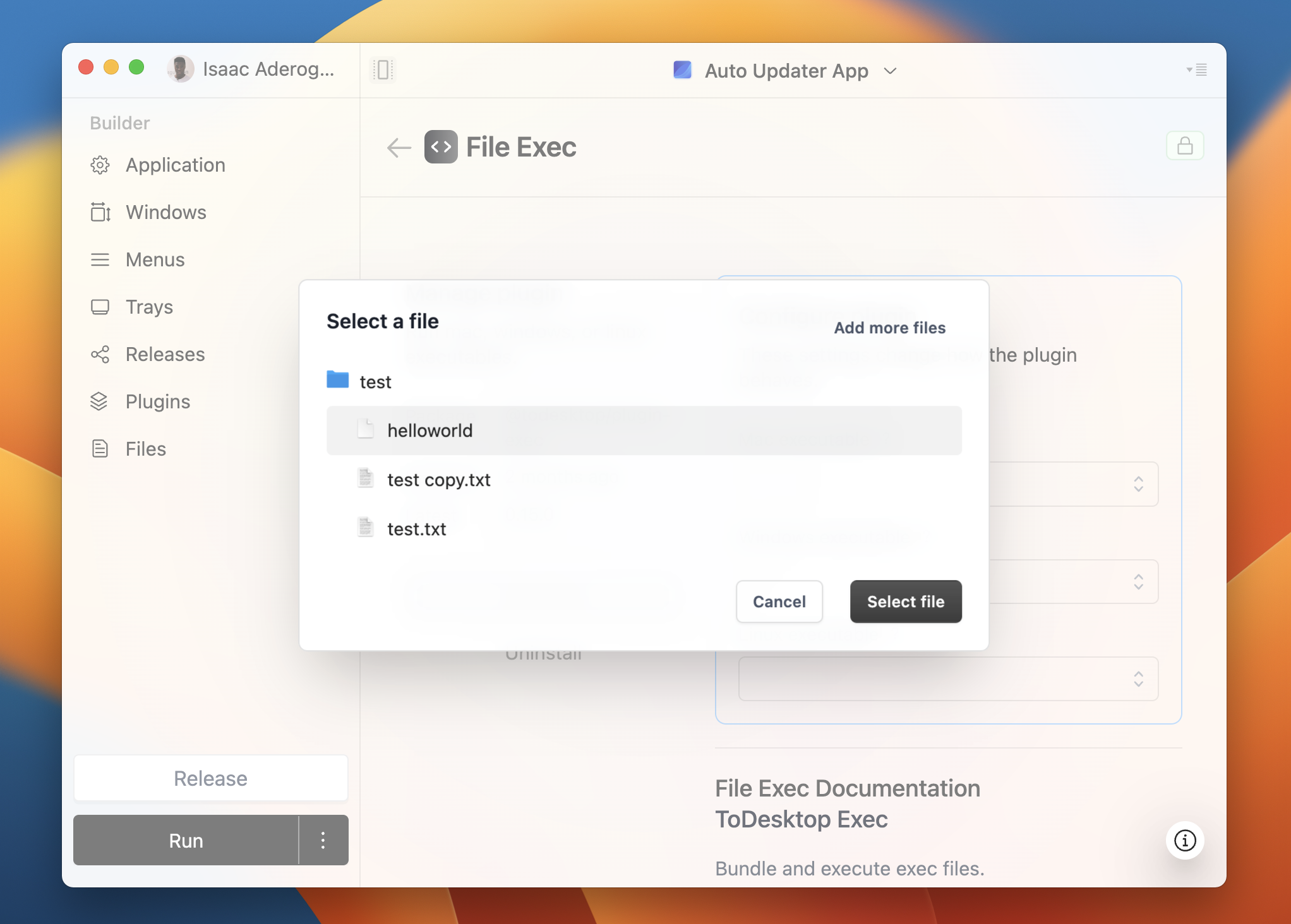 Modal for selecting an executable file