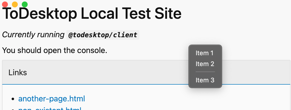 Context menu that displays example menu items