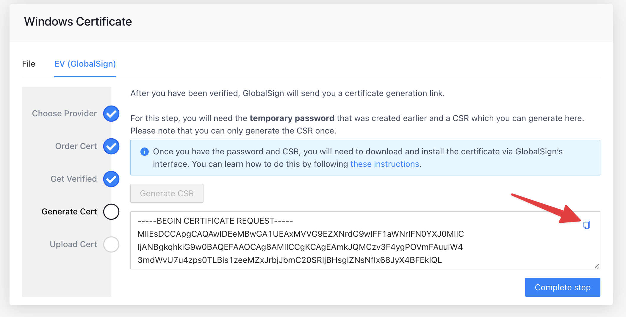 ToDesktop web app interface for copying a certificate CSR.