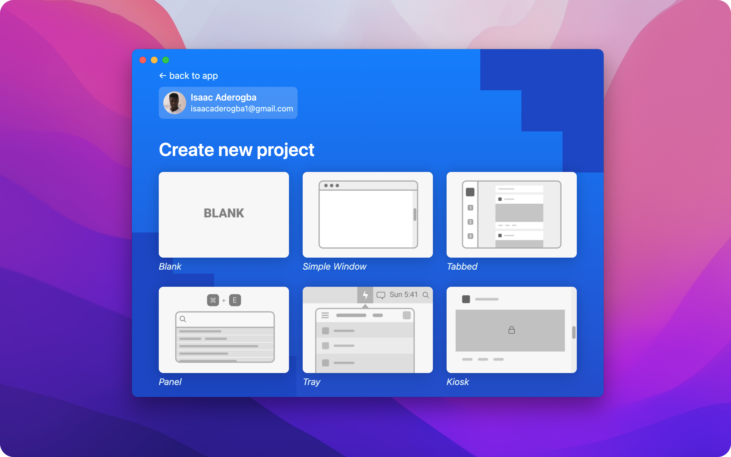 ToDesktop Builder's create new project screen