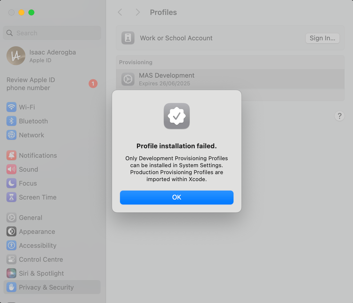 Screenshot of the error modal that appears when you install a distribution profile