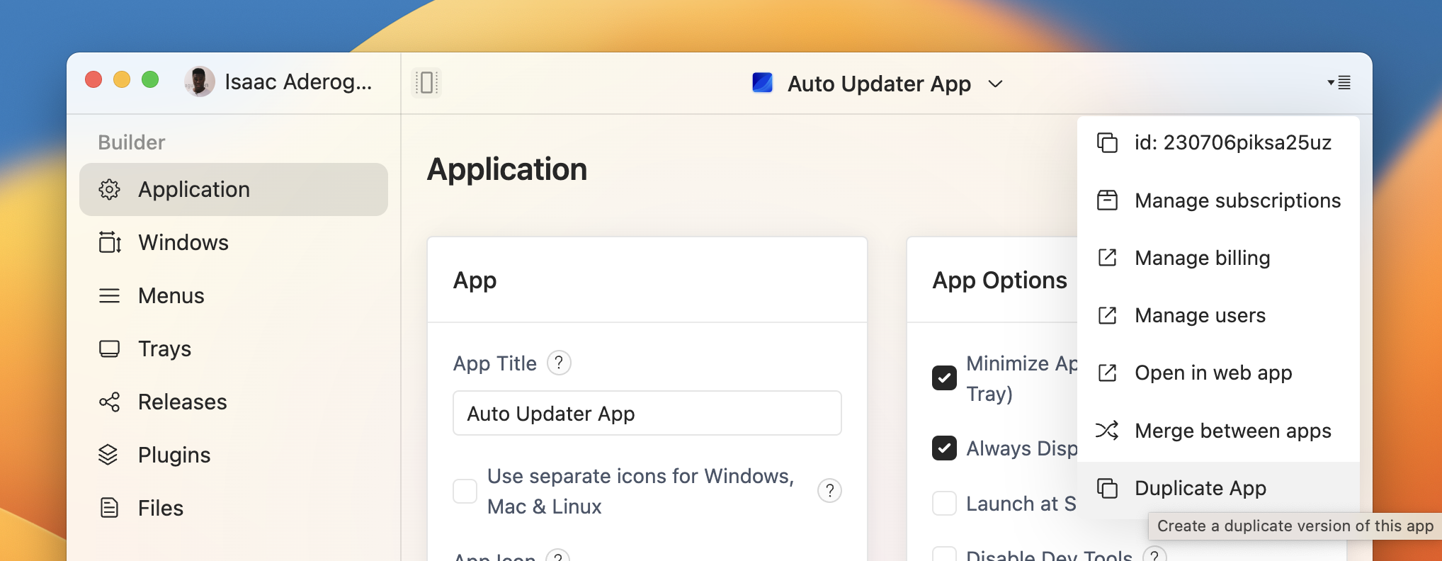 Revealed dropdown option for duplicating an app