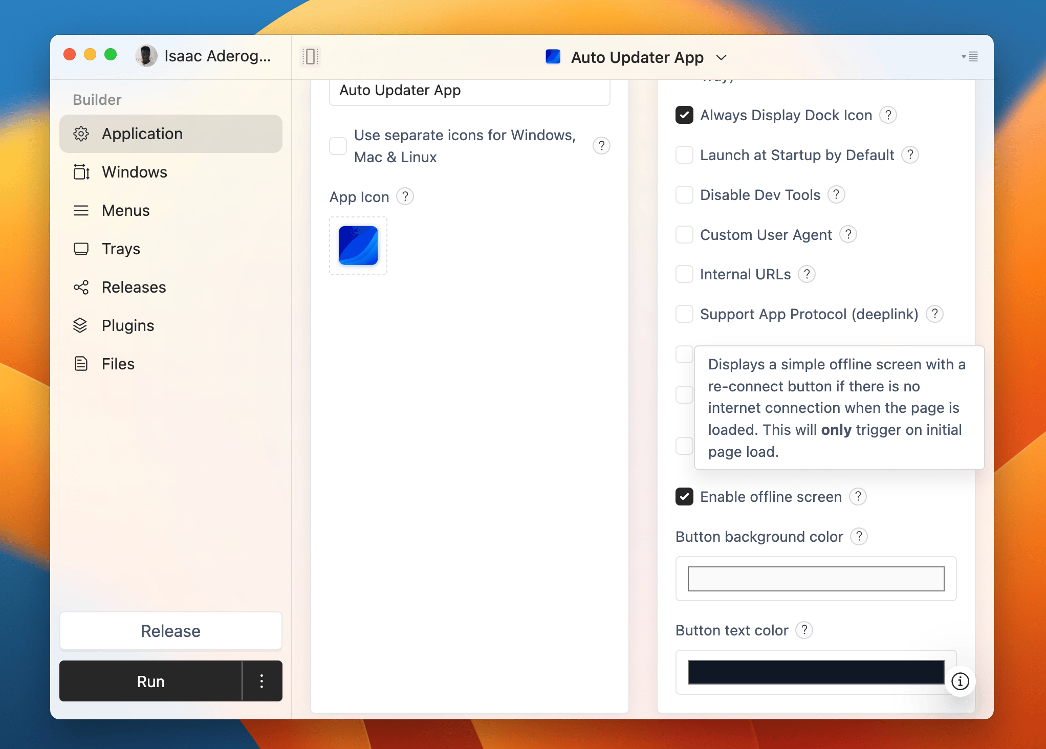 User interface checkbox for enabling an offline screen