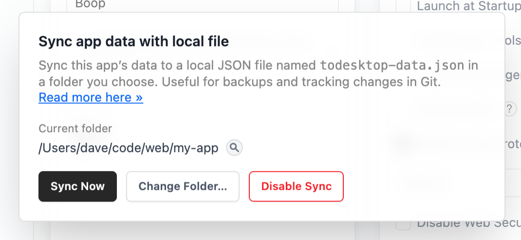 Sync modal in enabled state showing folder path and action buttons