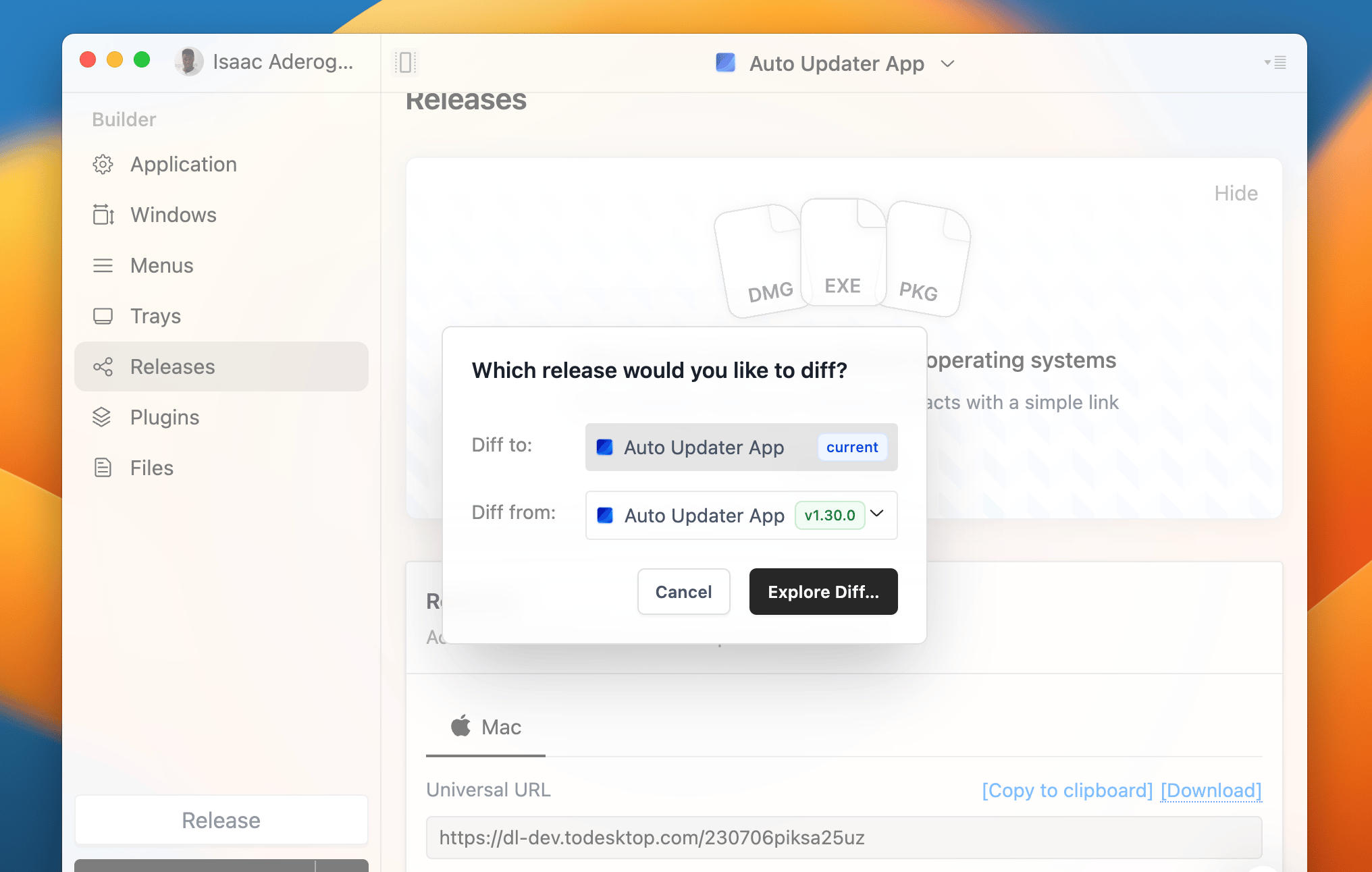 Revealed dropdown option for starting an interactive diff