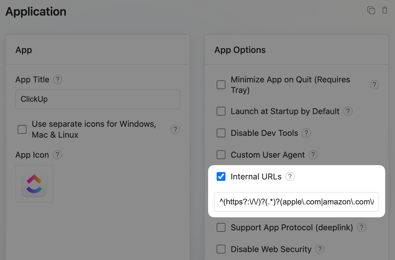 Editing Internal URLs on the Edit App page