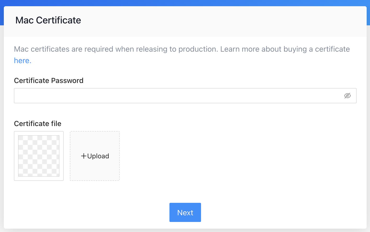 ToDesktop web app interface for inputting a mac certificate.