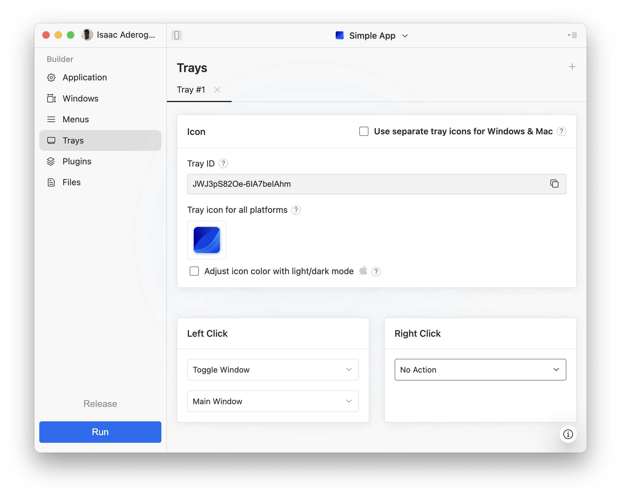 ToDesktop Builder interface which showcases the currently-selected tray.