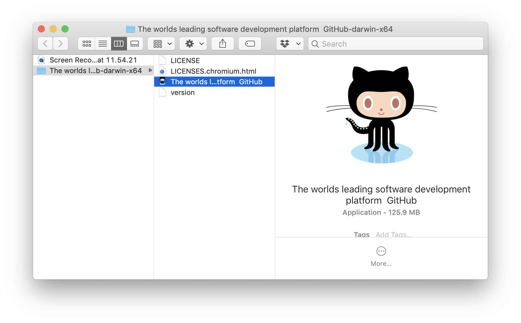 macOS Finder showing a Github desktop app built with Nativefier