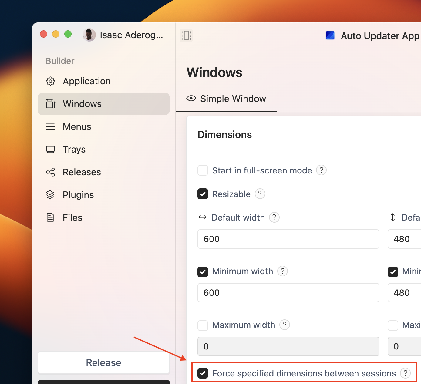 A checkbox for remembering the size and position of a window between restarts