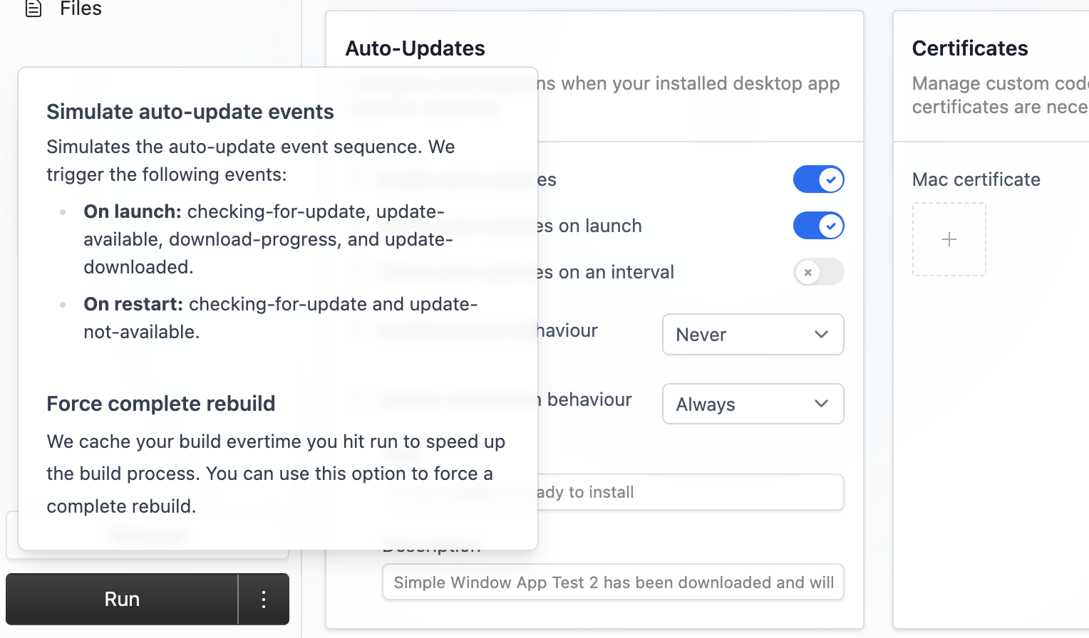 ToDesktop Builder interface which showcases the different modes to run an app locally