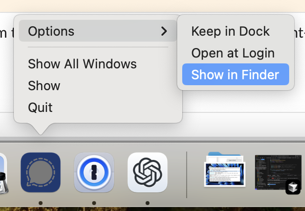 Show in Finder option in the macOS dock