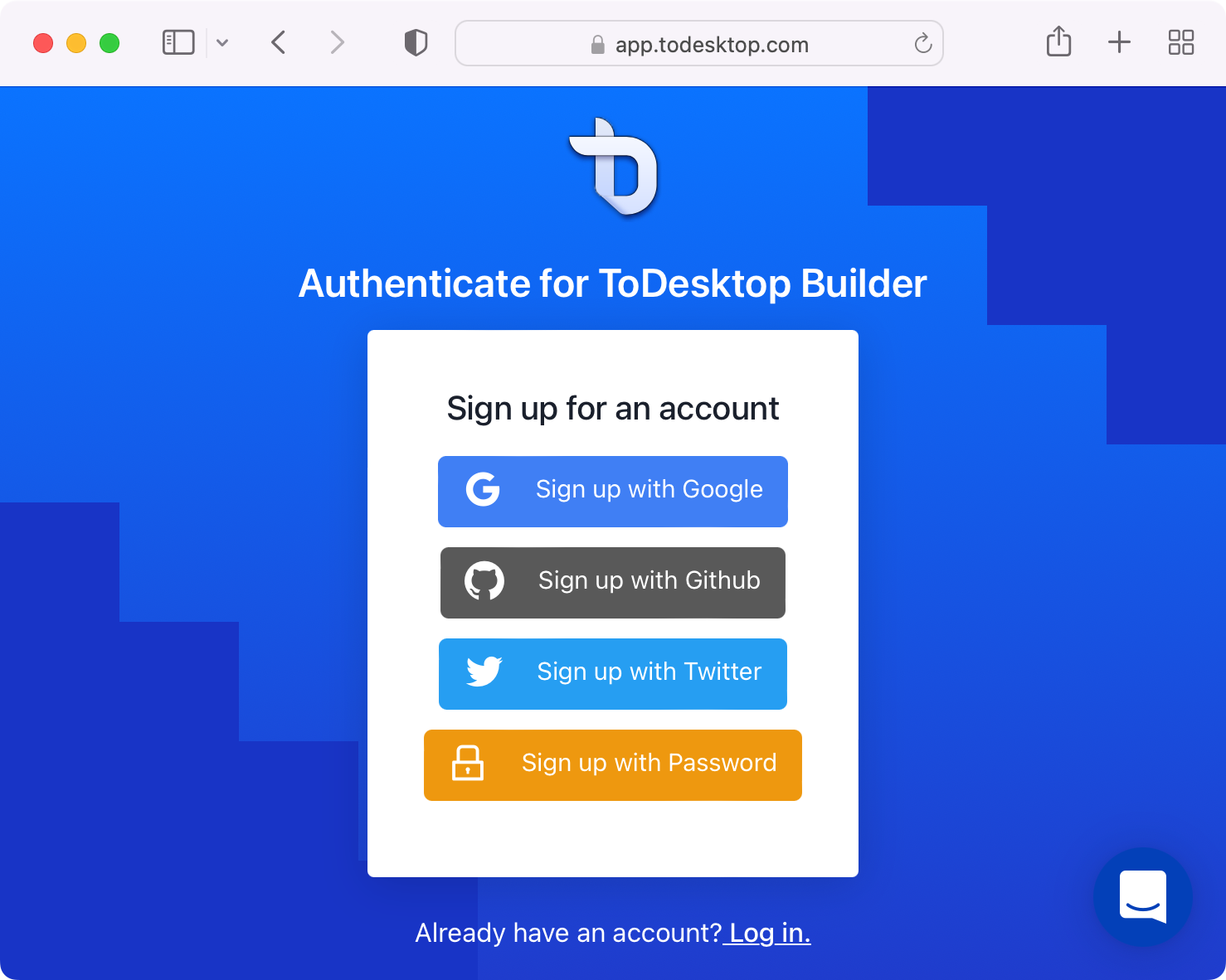 Sign up for a ToDesktop account in a web browser