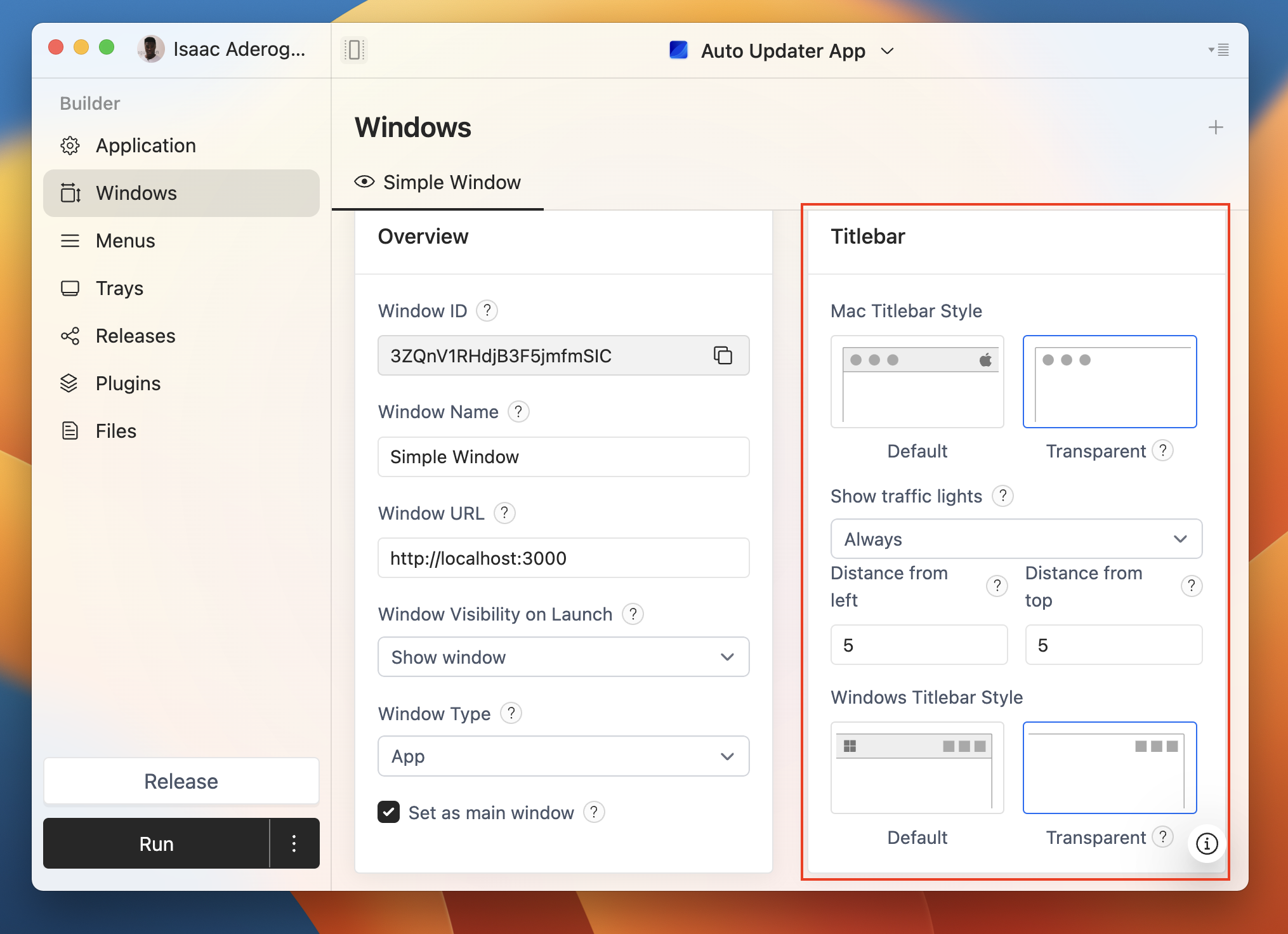 User interface settings for customizing the titlebar on Mac and Windows