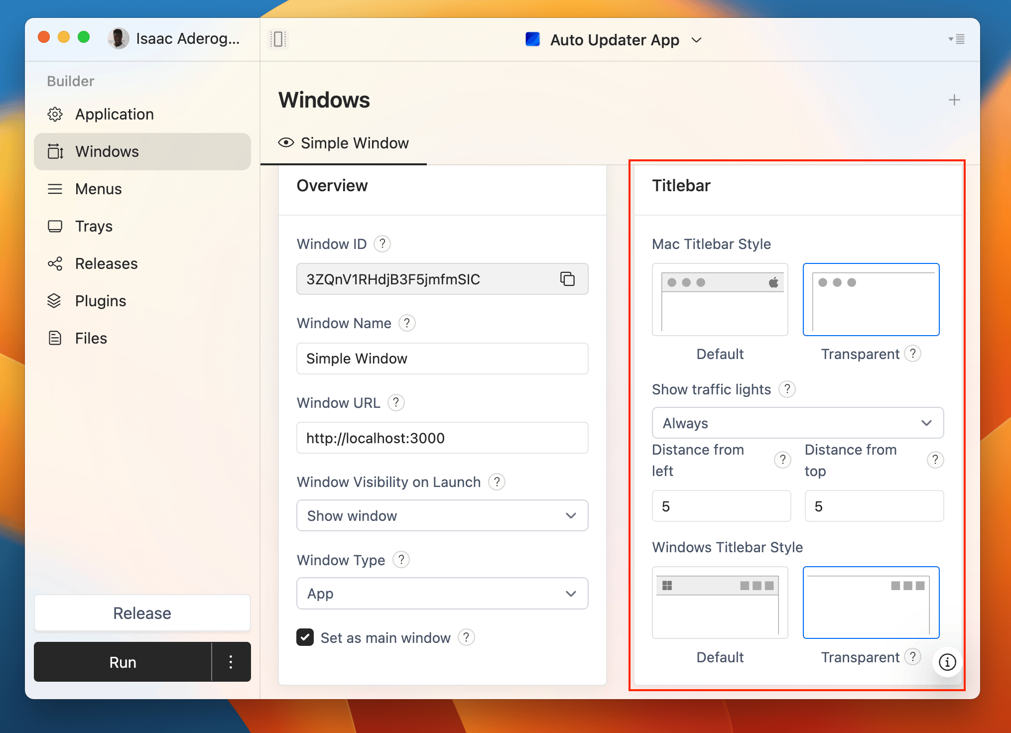 User interface settings for customizing the titlebar on Mac and Windows