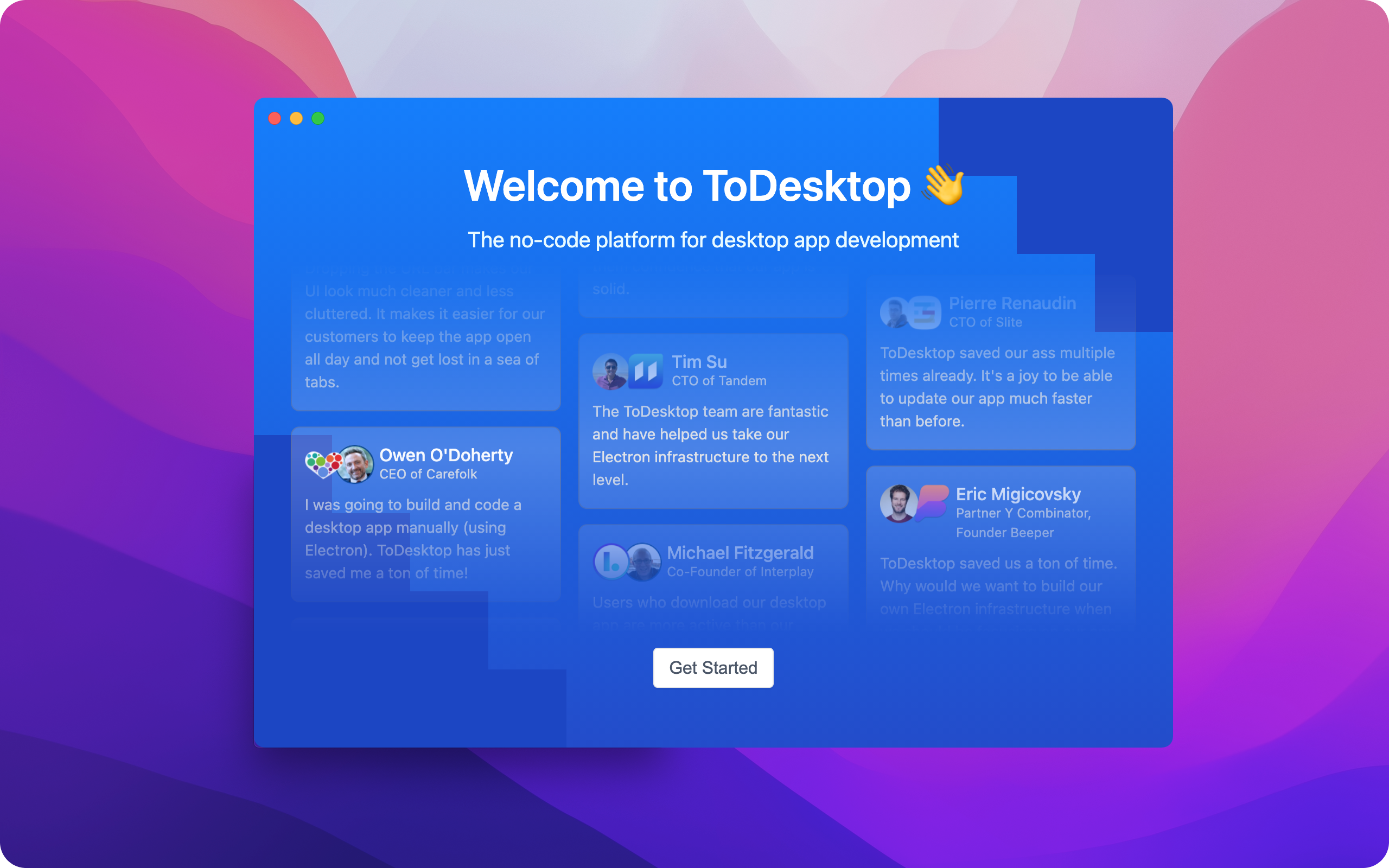 ToDesktop Builder's welcome screen