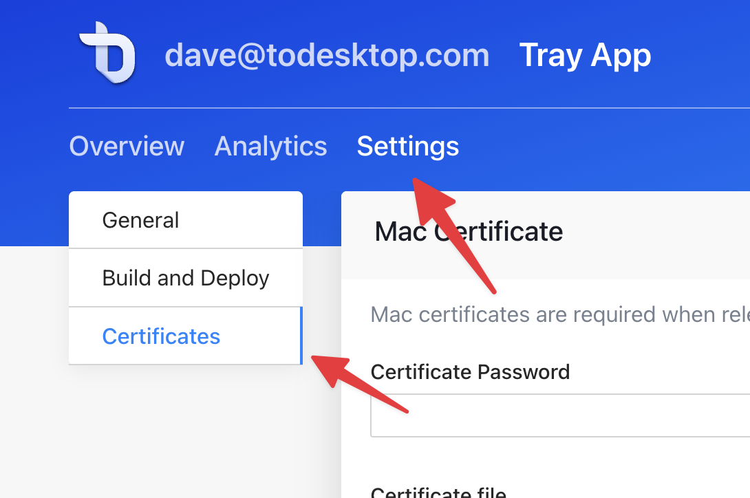 ToDesktop web app interface for accessing settings.