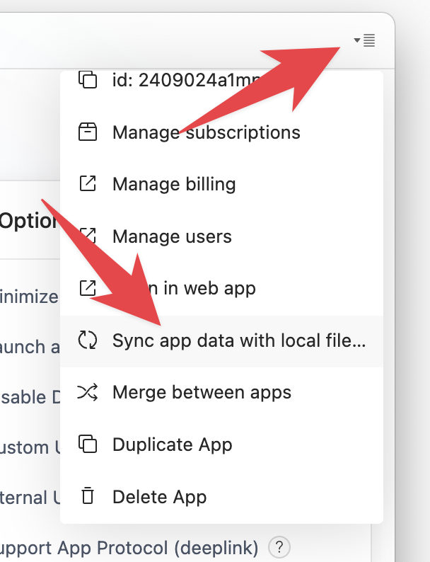 Info menu open with “Sync app data with local file…” highlighted