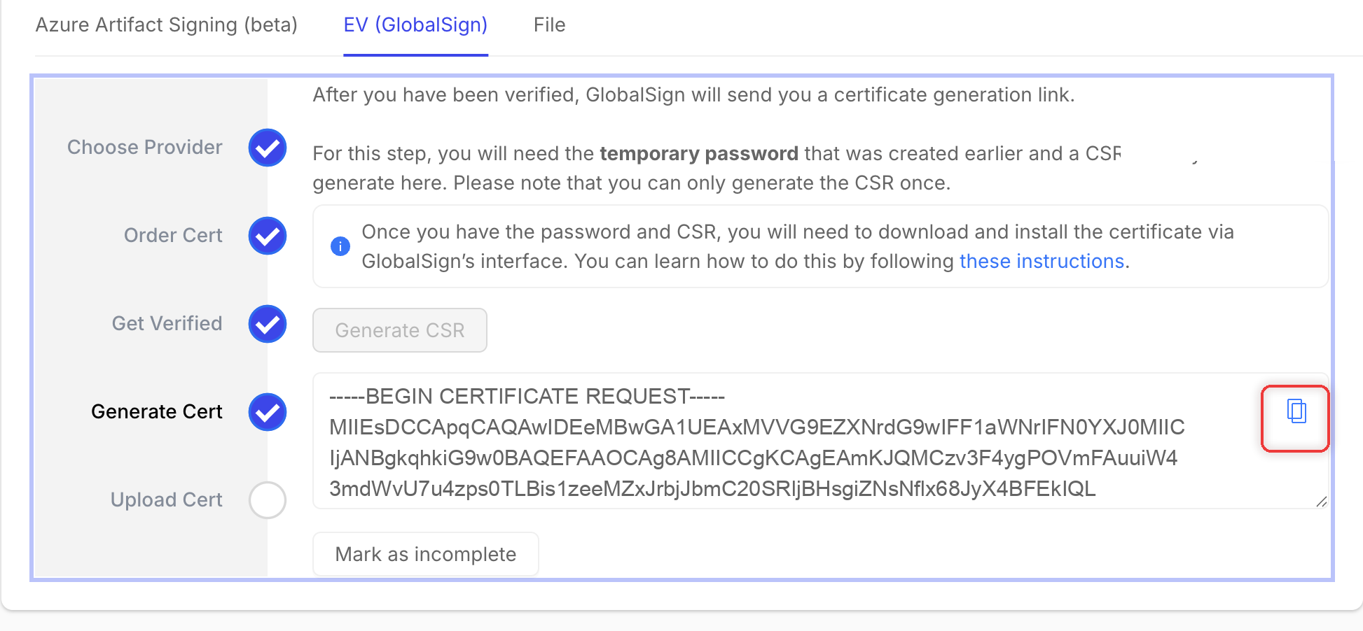 ToDesktop web app interface for copying a certificate CSR.