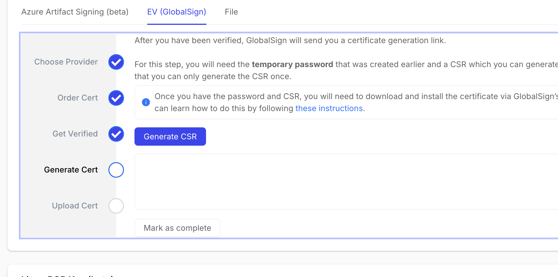 ToDesktop web app interface for generating a certificate CSR.