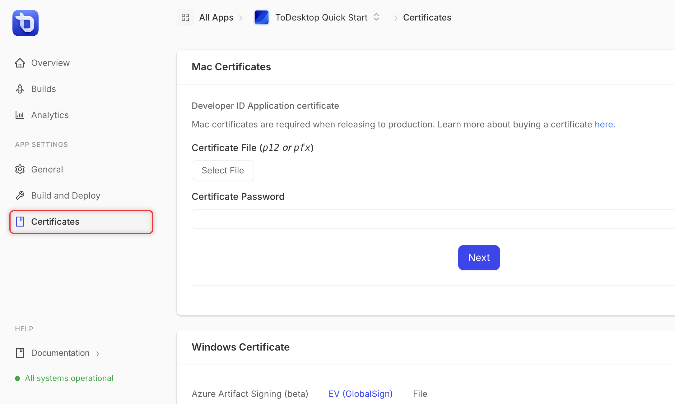 ToDesktop web app interface for accessing settings.