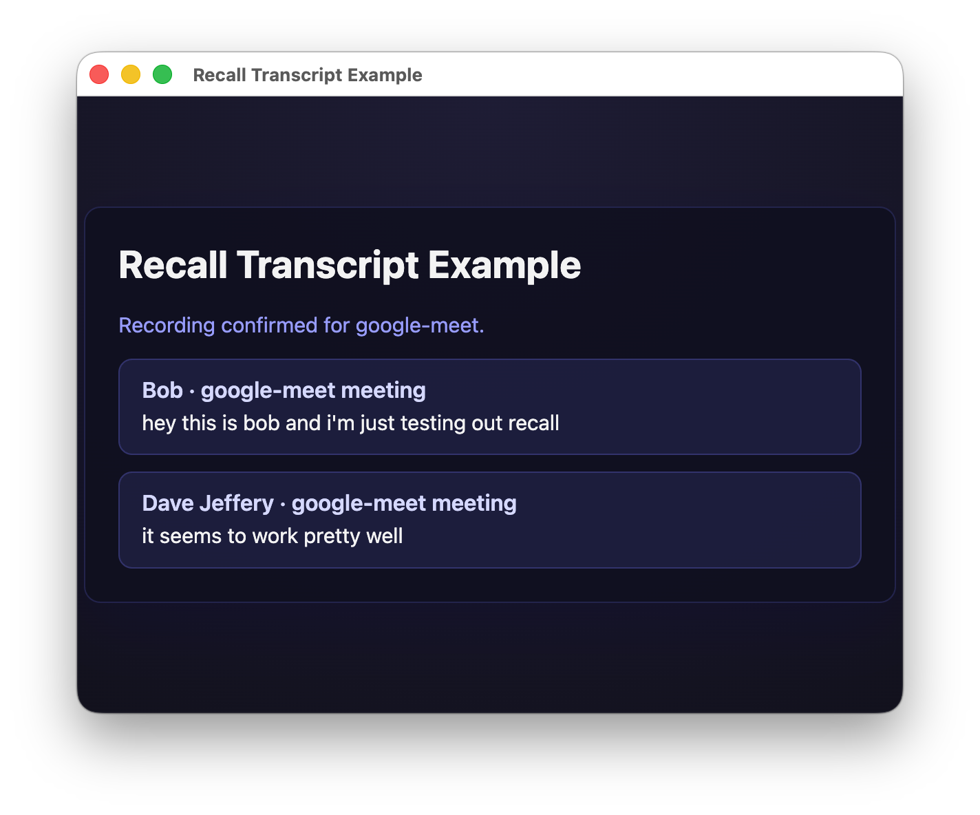Window of the Recall app with transcripts