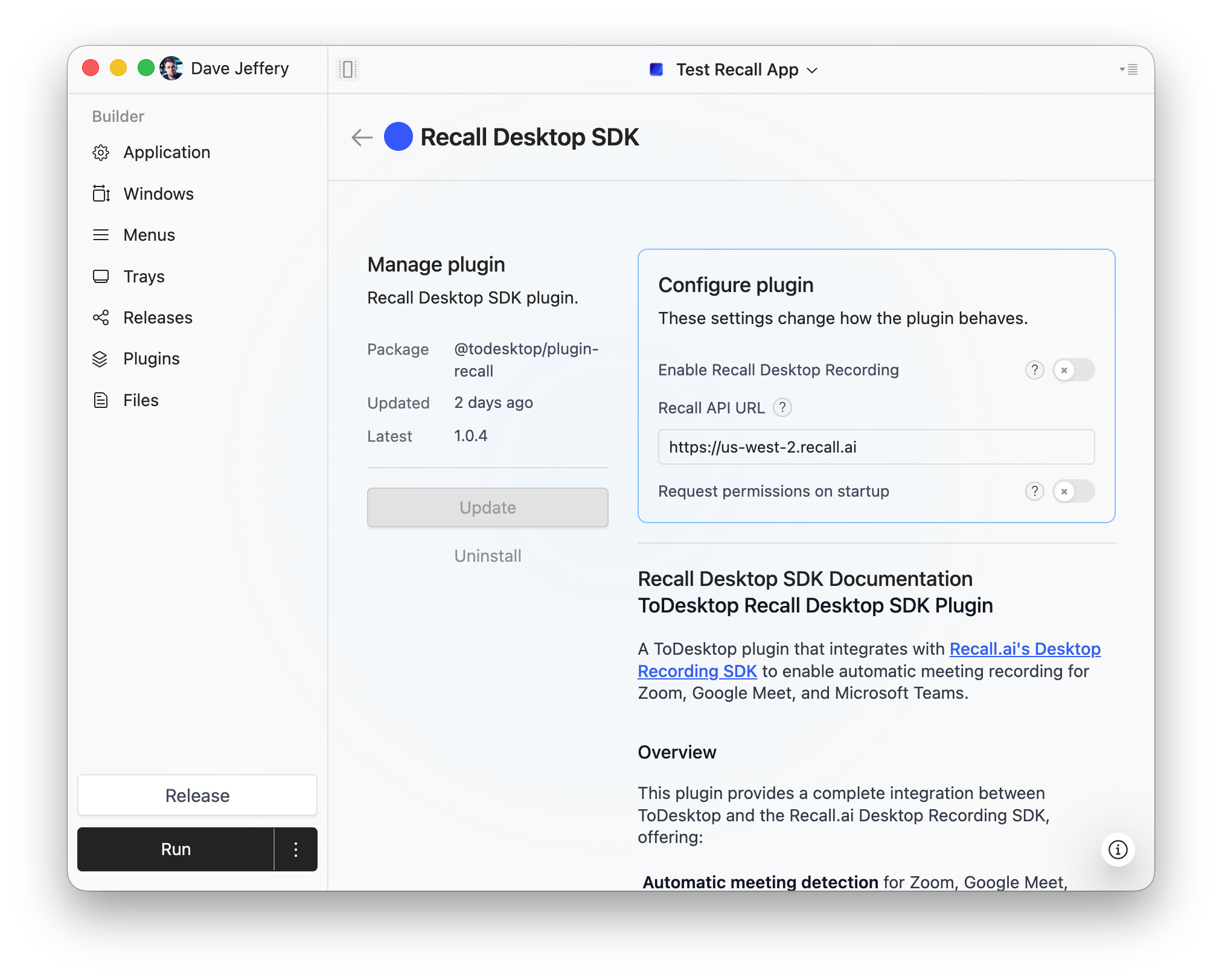 ToDesktop Builder's plugins screen with the Recall plugin installed