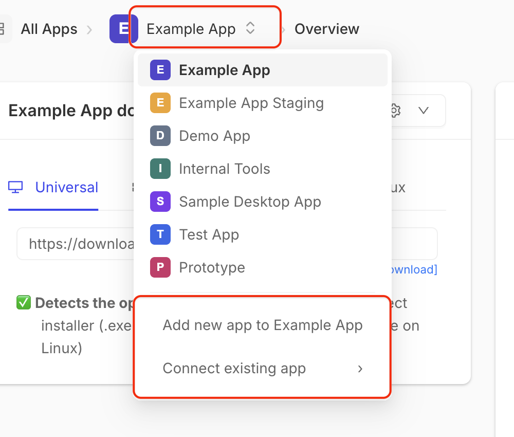 App menu showing standalone Example App and Example App Staging entries above the Add new app and Connect existing app actions