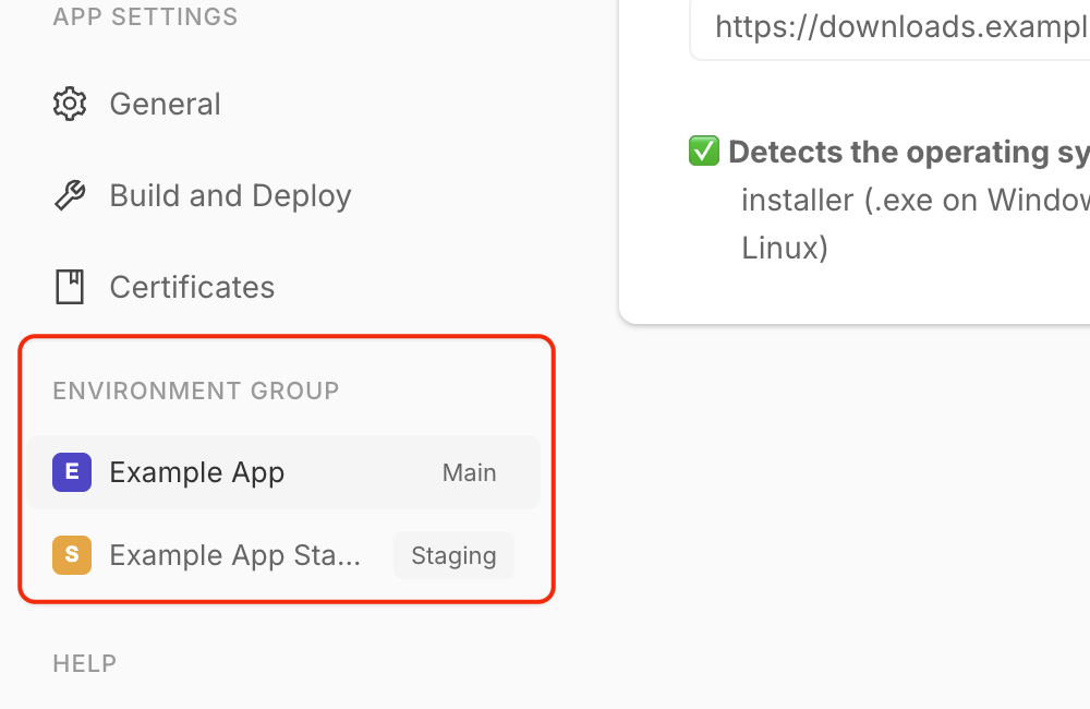 Environment Group section showing Example App as Main and Example App Staging as Staging