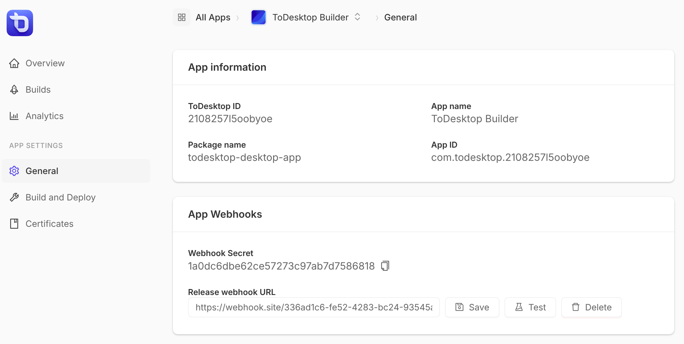 Screenshot showing the App Webhooks section with the Add Release Webhook option