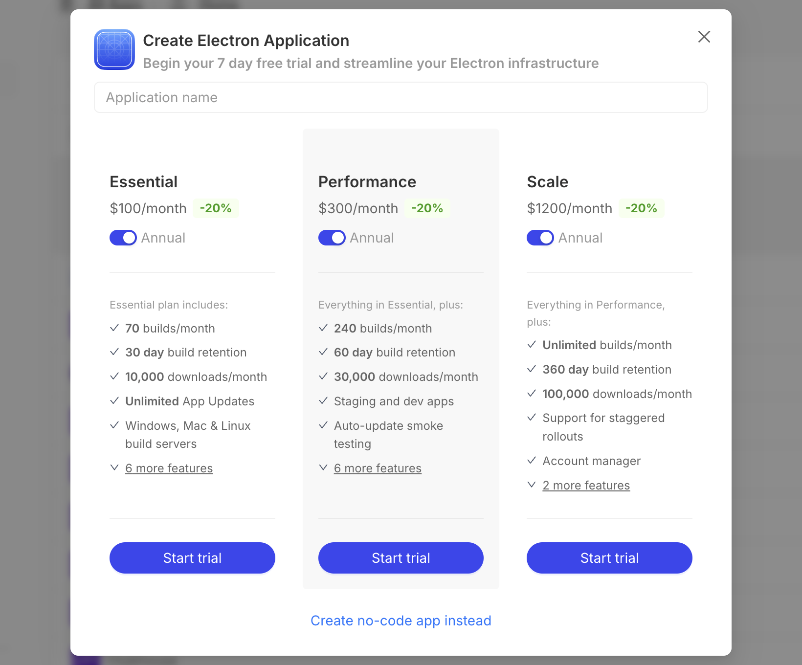 Application modal for creating a new Electron application in ToDesktop