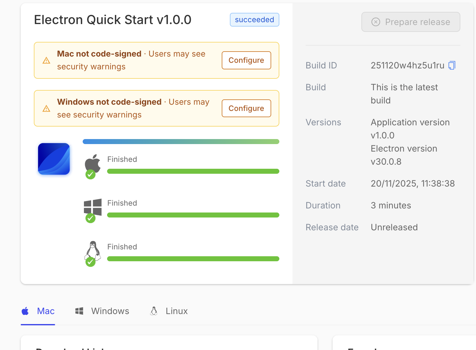 A card UI element that shows code-signing warnings for the Mac and Windows operating systems