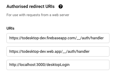 http://localhost:3000/desktopLogin in Authorized redirect URIs