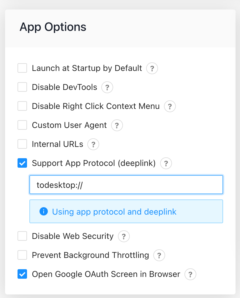 App Options in app.todesktop.com